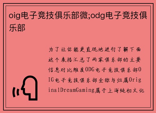 oig电子竞技俱乐部微;odg电子竞技俱乐部